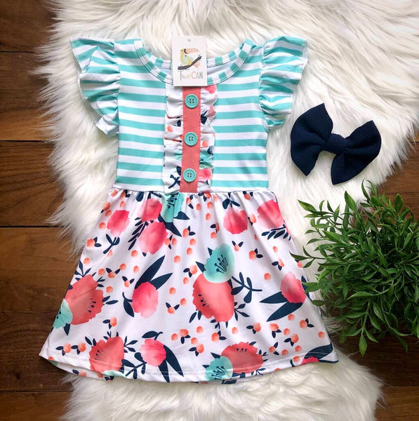 Aqua Striped Floral Button Dress