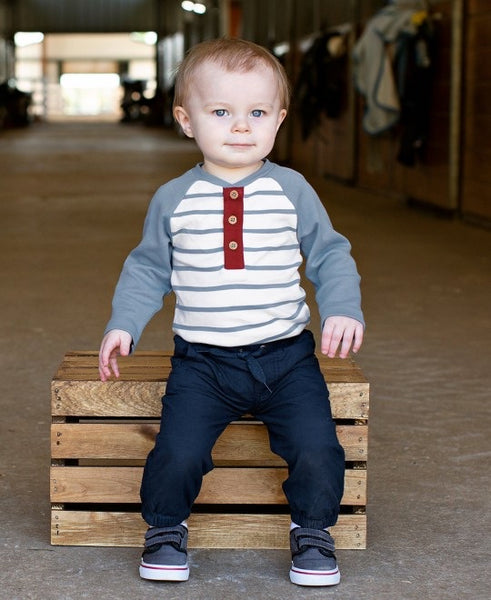 Slate & Ivory Stripe Raglan Henley Bodysuit