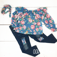 Blue Floral Denim Pants Set