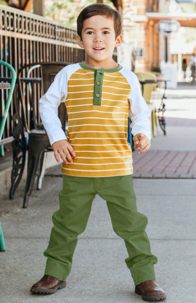 Golden Yellow Stripe Raglan Henley Tee